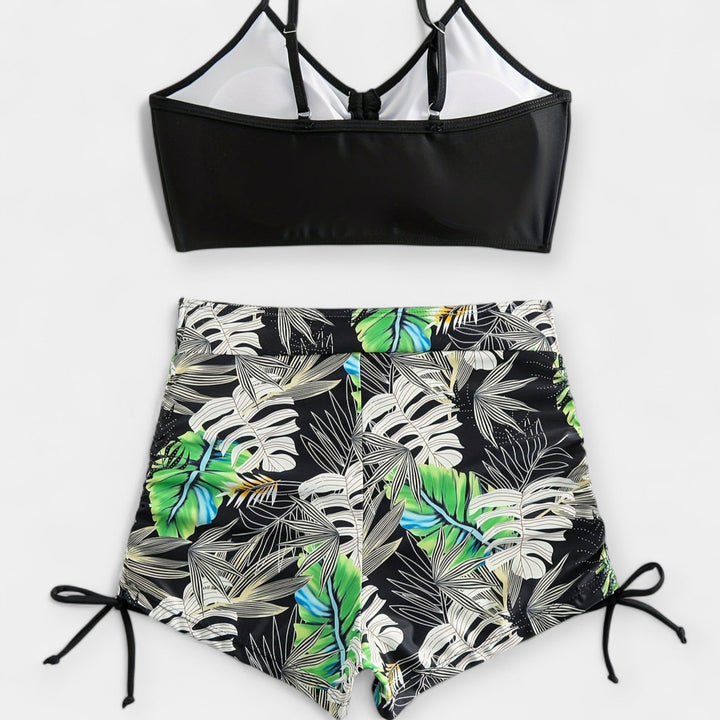 Vysoký pás bikiny s tropickým vzorom a tenkými ramienkami