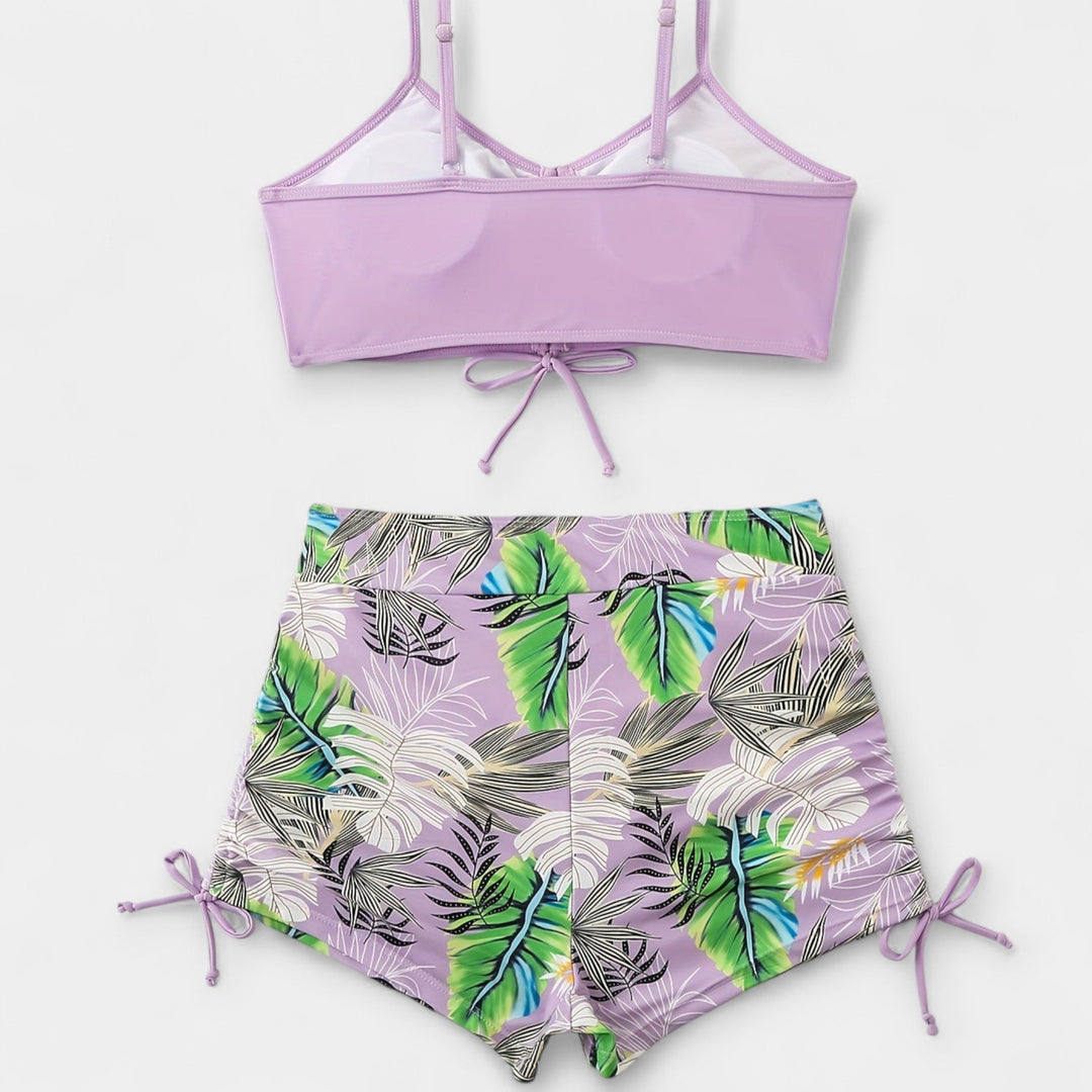 Vysoký pás bikiny s tropickým vzorom a tenkými ramienkami