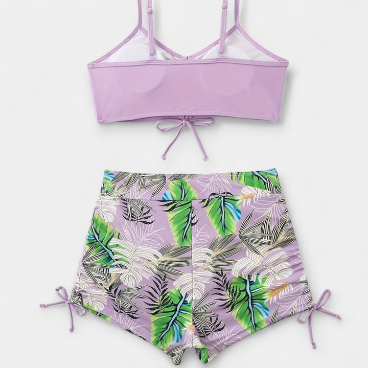 Vysoký pás bikiny s tropickým vzorom a tenkými ramienkami