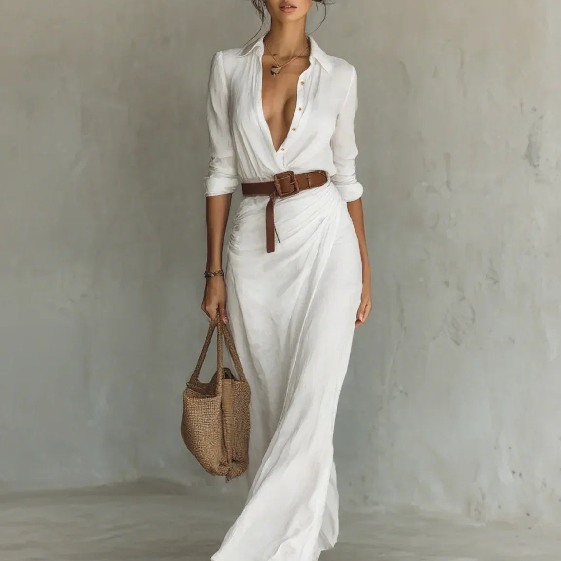 Camila – Vestido Camisero Maxi con Efecto Draped - Chloe Léa