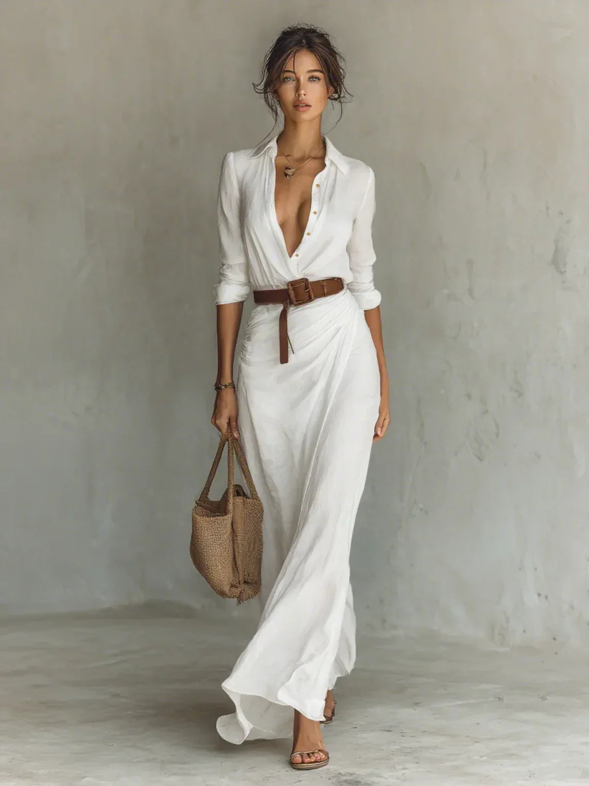 Camila – Vestido Camisero Maxi con Efecto Draped - Chloe Léa