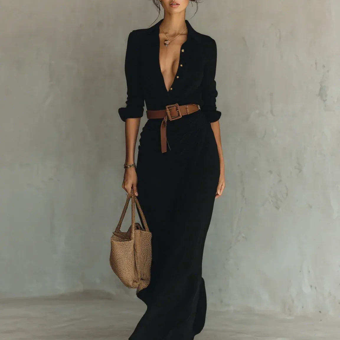 Camila – Vestido Camisero Maxi con Efecto Draped - Chloe Léa