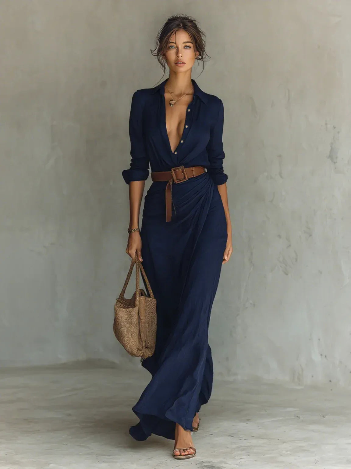 Camila – Vestido Camisero Maxi con Efecto Draped - Chloe Léa