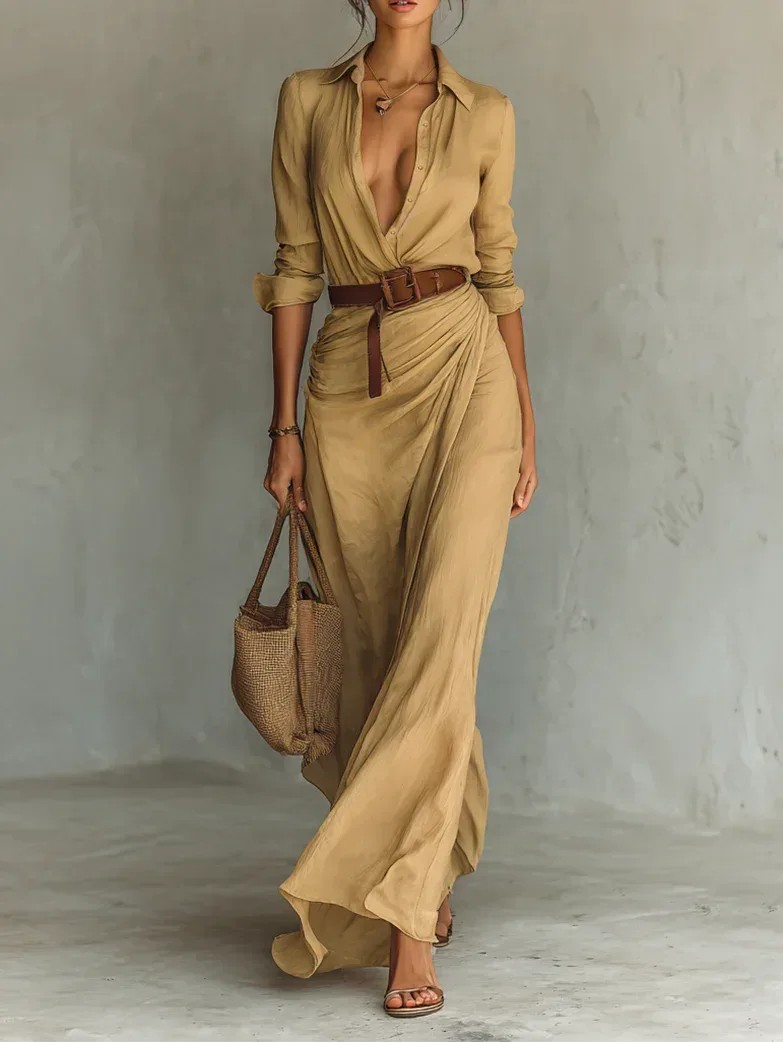 Camila – Vestido Camisero Maxi con Efecto Draped - Chloe Léa