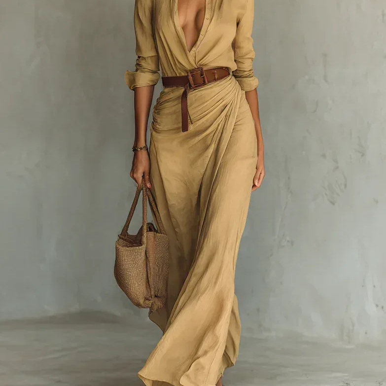 Camila – Vestido Camisero Maxi con Efecto Draped - Chloe Léa