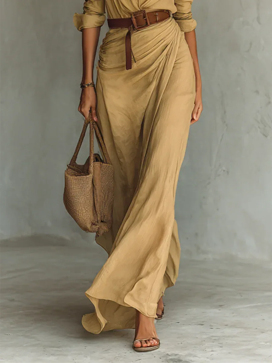 Camila – Vestido Camisero Maxi con Efecto Draped - Chloe Léa